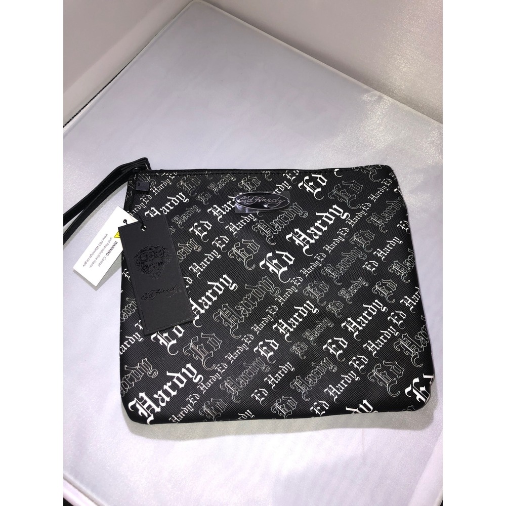Ed Hardy Black White Gothic Logo Print Wristlet Clutch Bag New with Tags